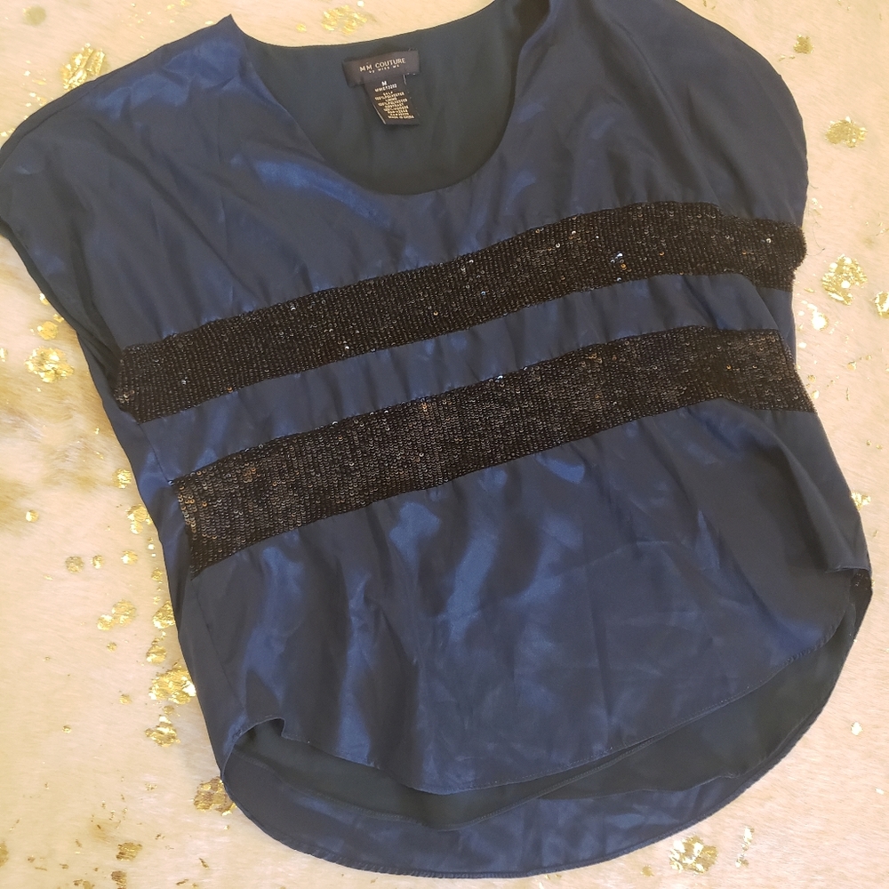 MM Couture Miss Me Blue Sequin Blouse Short Sleeve
